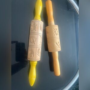 Two Vintage Springerle Wood Rolling Pin severks Designs Yellow Handles
